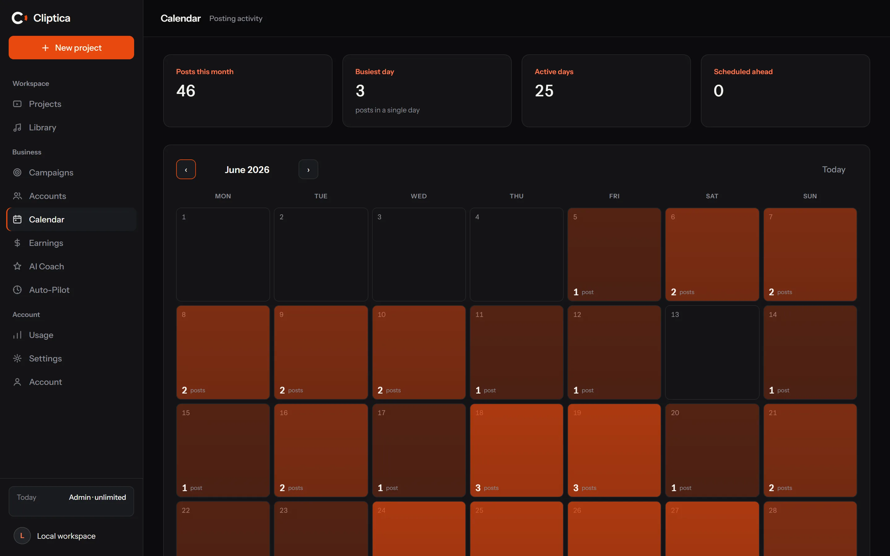The posting calendar: a month heatmap where days glow brighter the more clips were posted, with posts-this-month and busiest-day stats.