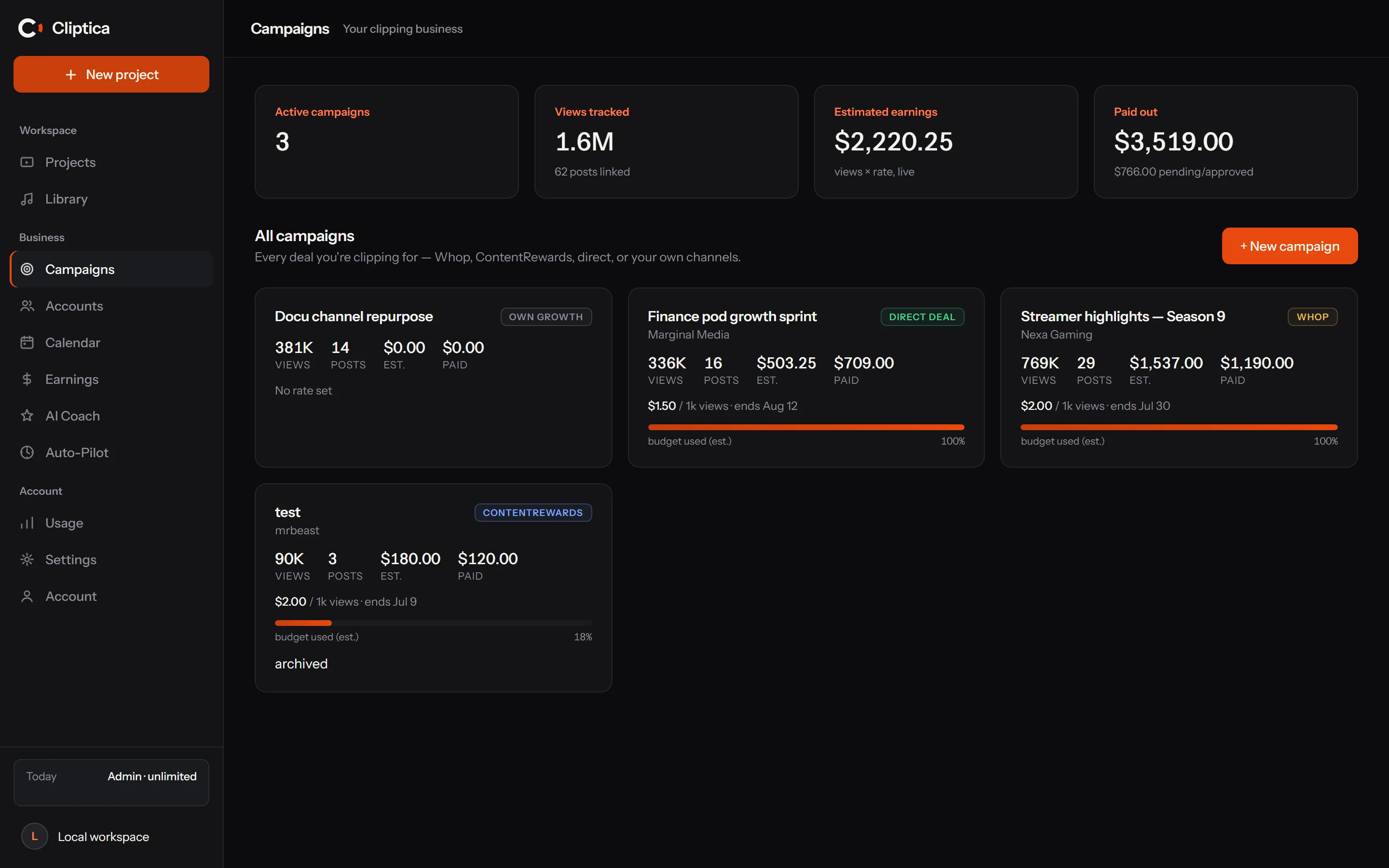 The campaign hub: active campaigns totaling 1.6 million tracked views, with per-campaign rates per 1K views, budget progress bars, estimated and paid amounts.