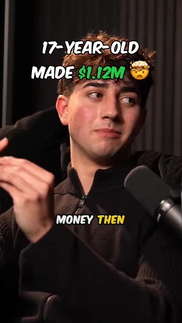 A finished vertical clip exported by Cliptica: podcast guest with the burned-in headline '17-year-old made $1.12M' and word-by-word captions.