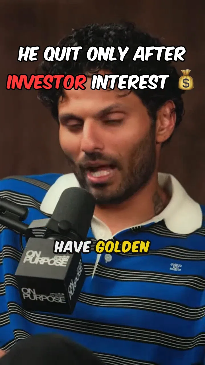 Real exported clip: interview guest with the headline 'He quit only after investor interest' and keyword-highlighted captions.