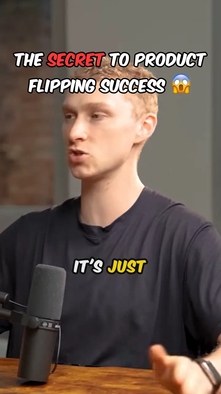 Real exported clip: speaker with the headline 'The secret to product flipping success' and word-by-word captions.