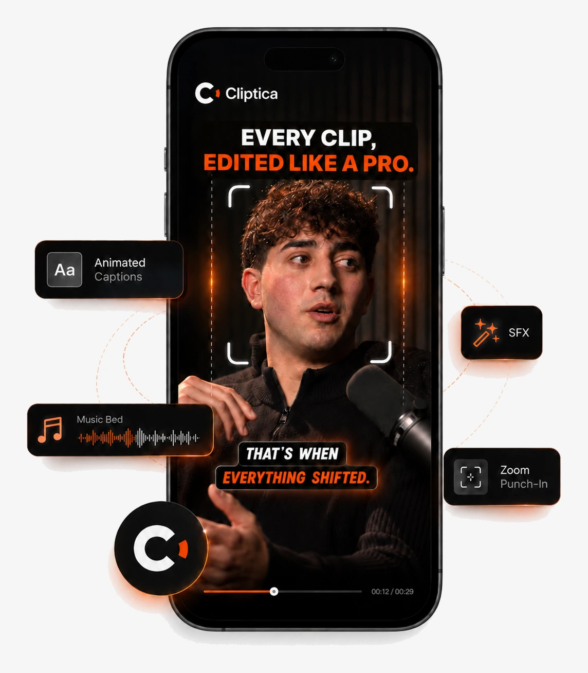 A finished vertical clip in the Cliptica player — face-tracked reframe, animated captions and a burned-in headline — surrounded by the edits applied automatically: Animated Captions, SFX, Music Bed and Zoom Punch-In.
