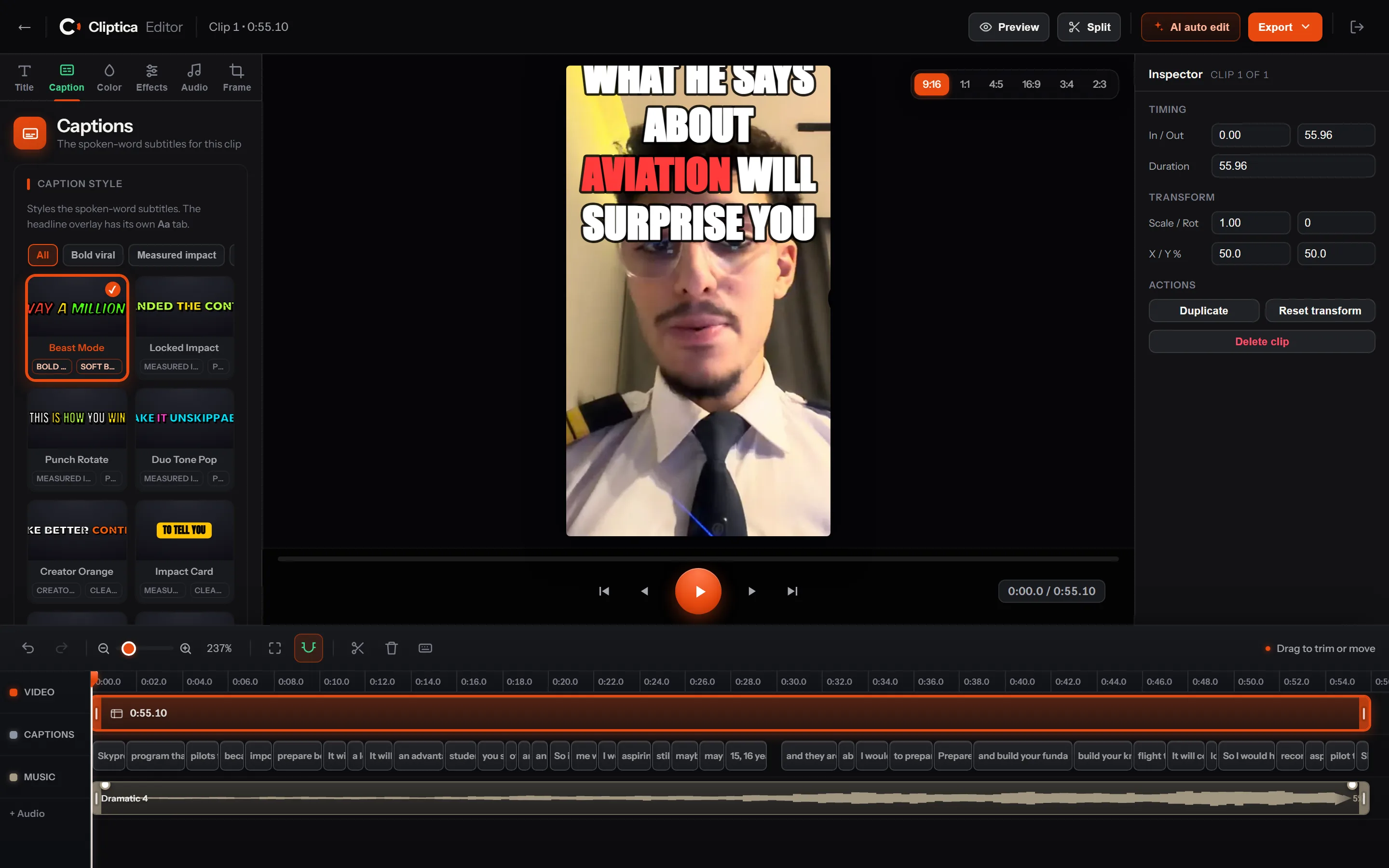 The caption style gallery inside the editor: visual previews of styles like Beast Mode, Locked Impact, Punch Rotate, Duo Tone Pop, Creator Orange and Impact Card.