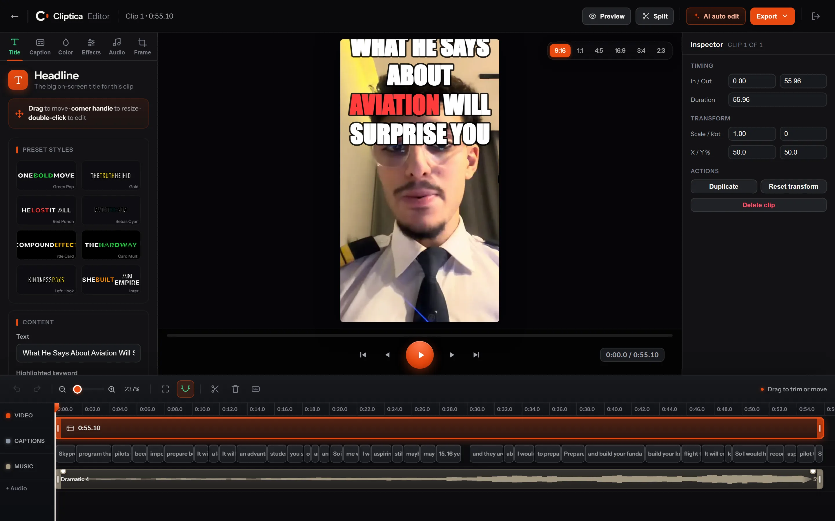 The real Cliptica editor: a vertical clip on the canvas with a styled headline, preset headline styles on the left, an inspector with timing and transform controls, and a timeline with video, word-level captions and a music waveform.