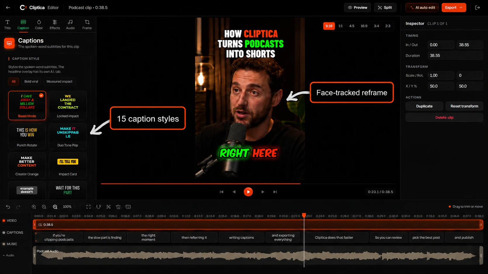 The real Cliptica editor: a vertical clip on the canvas with a styled headline, preset headline styles on the left, an inspector with timing and transform controls, and a timeline with video, word-level captions and a music waveform.