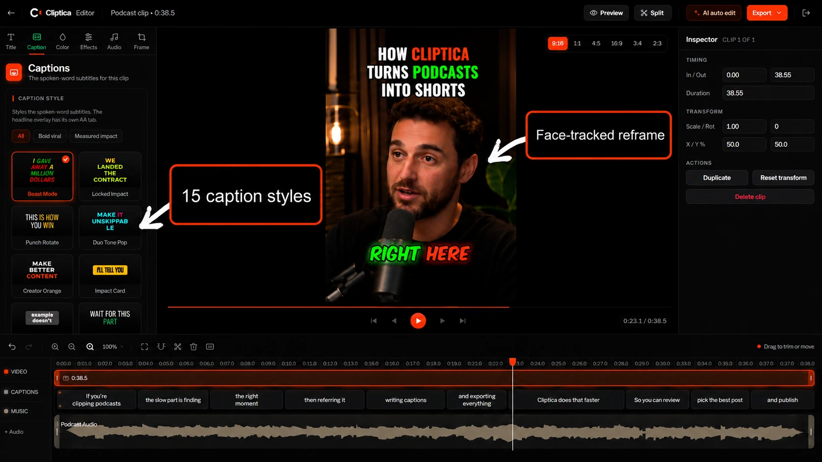 The real Cliptica editor: a vertical clip on the canvas with a styled headline, preset headline styles on the left, an inspector with timing and transform controls, and a timeline with video, word-level captions and a music waveform.