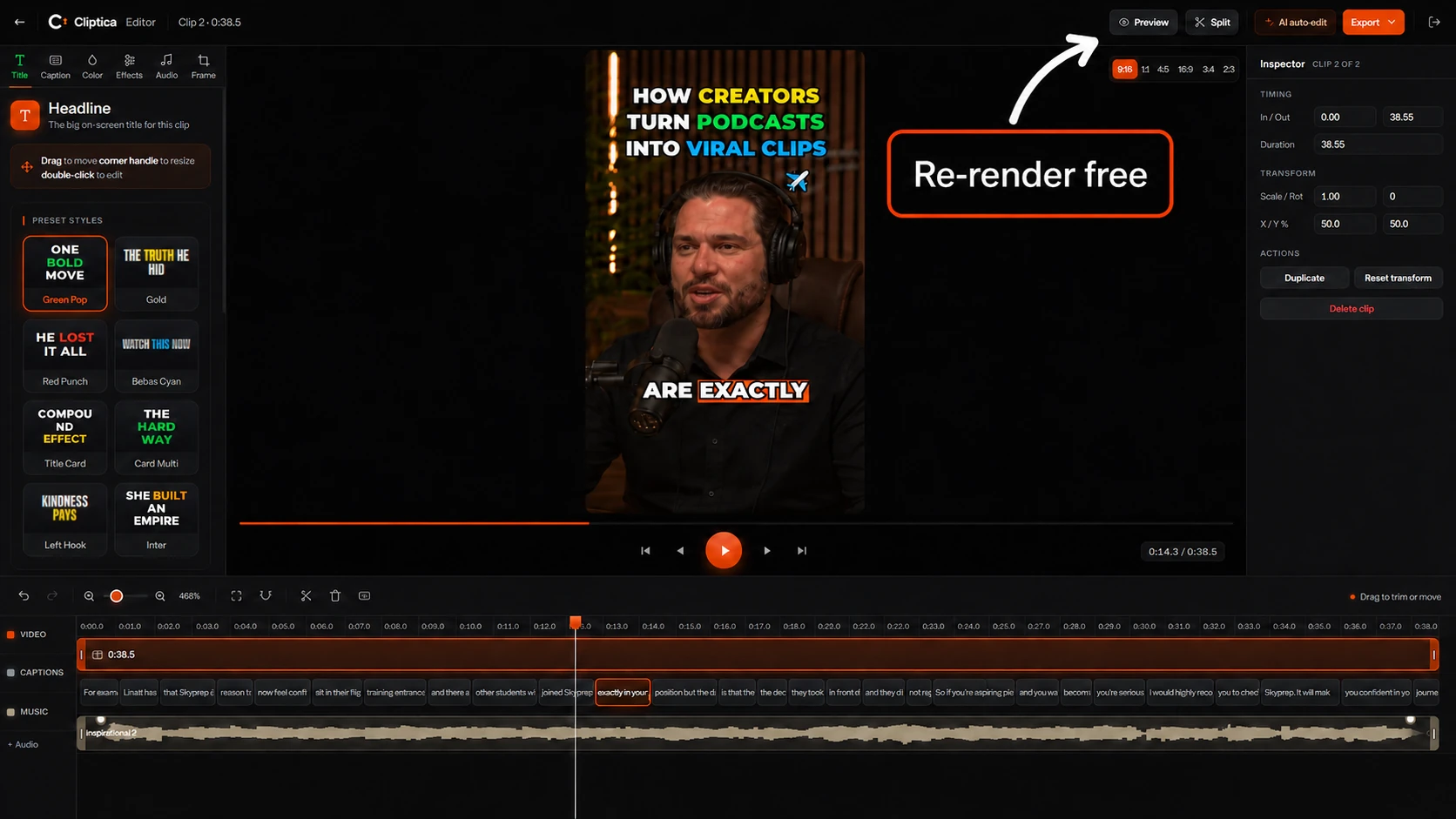The Cliptica editor's caption view: a vertical clip with animated captions on the canvas, the caption-style gallery on the left, and an inspector with timing and transform controls on the right.