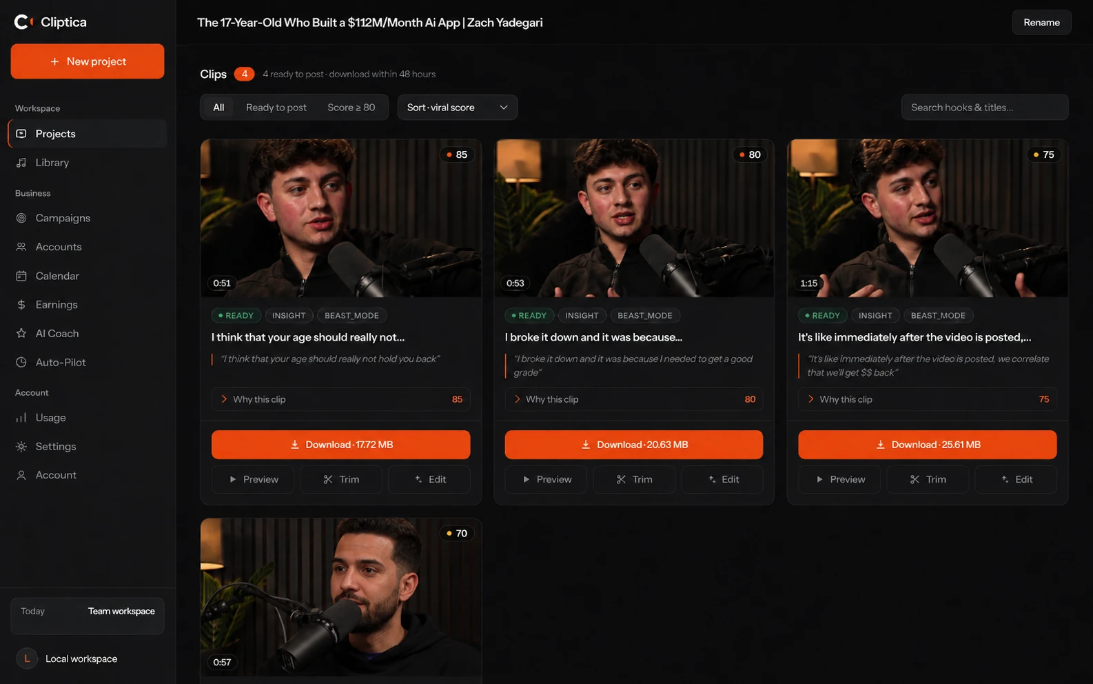 A real Cliptica project: four clips cut from a podcast episode, ranked by viral score with hook quotes, 'Why this clip' explanations, and one-click Download, Preview, Trim and Edit actions.