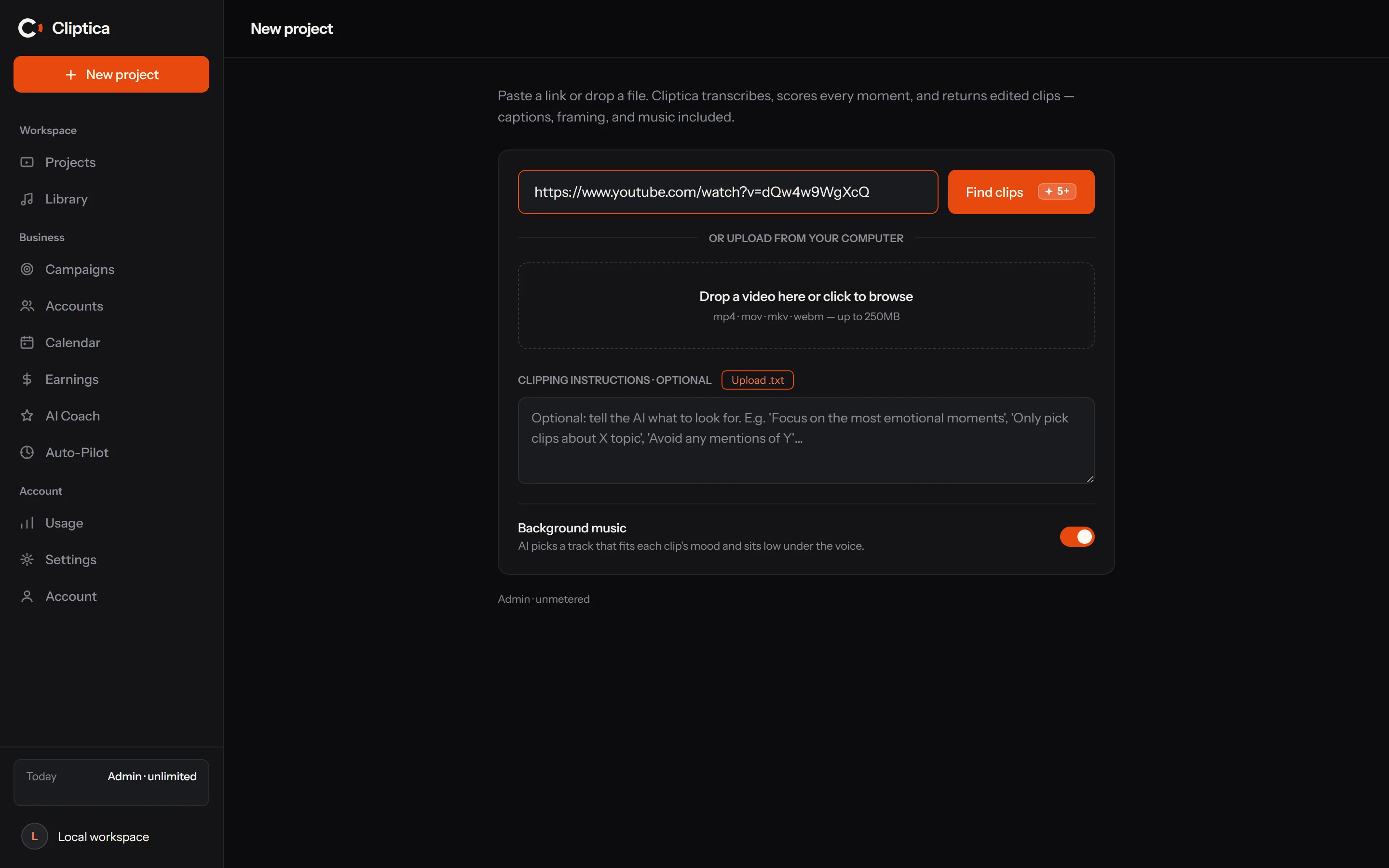 Cliptica's new-project screen with a pasted YouTube link, a Find clips button, a drag-and-drop upload zone and an optional clipping-instructions field.