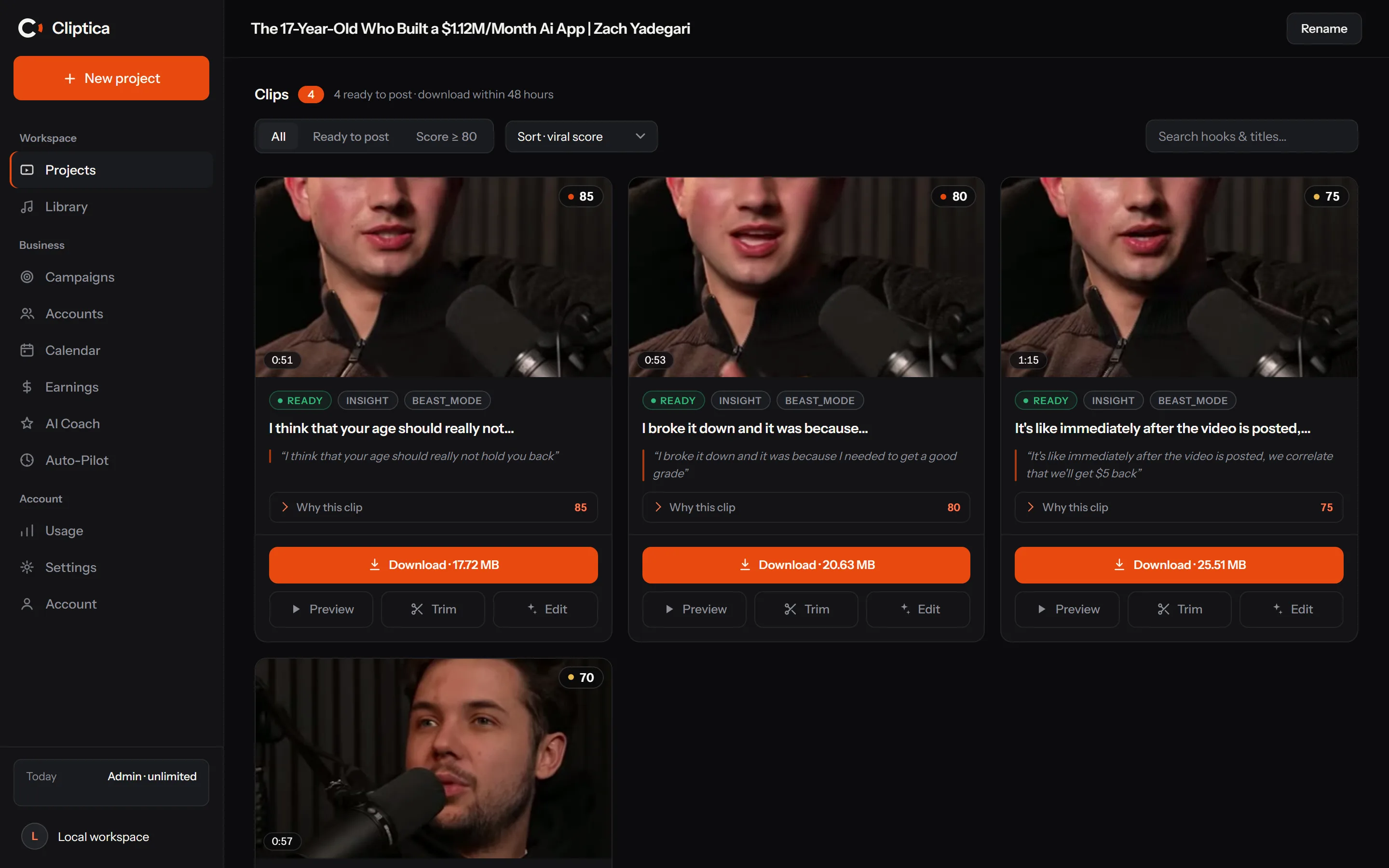 A processed project: clips ranked by viral score — 85, 80, 75 — each with its hook line, Ready status and a download button.