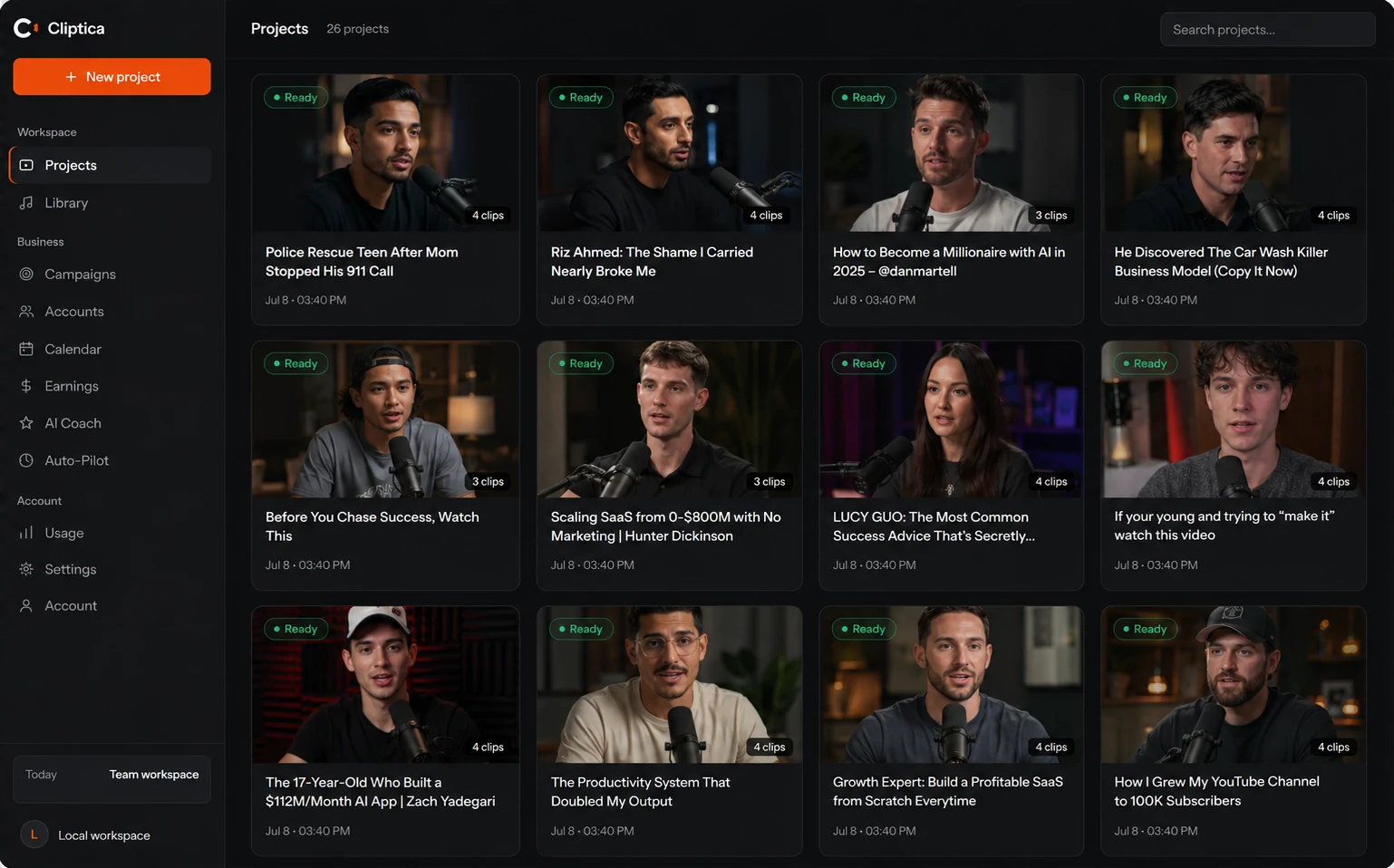 The real Cliptica dashboard: a grid of 26 projects with video thumbnails, clip counts and Ready status chips, next to a sidebar with Campaigns, Accounts, Calendar, Earnings, AI Coach and Auto-Pilot.