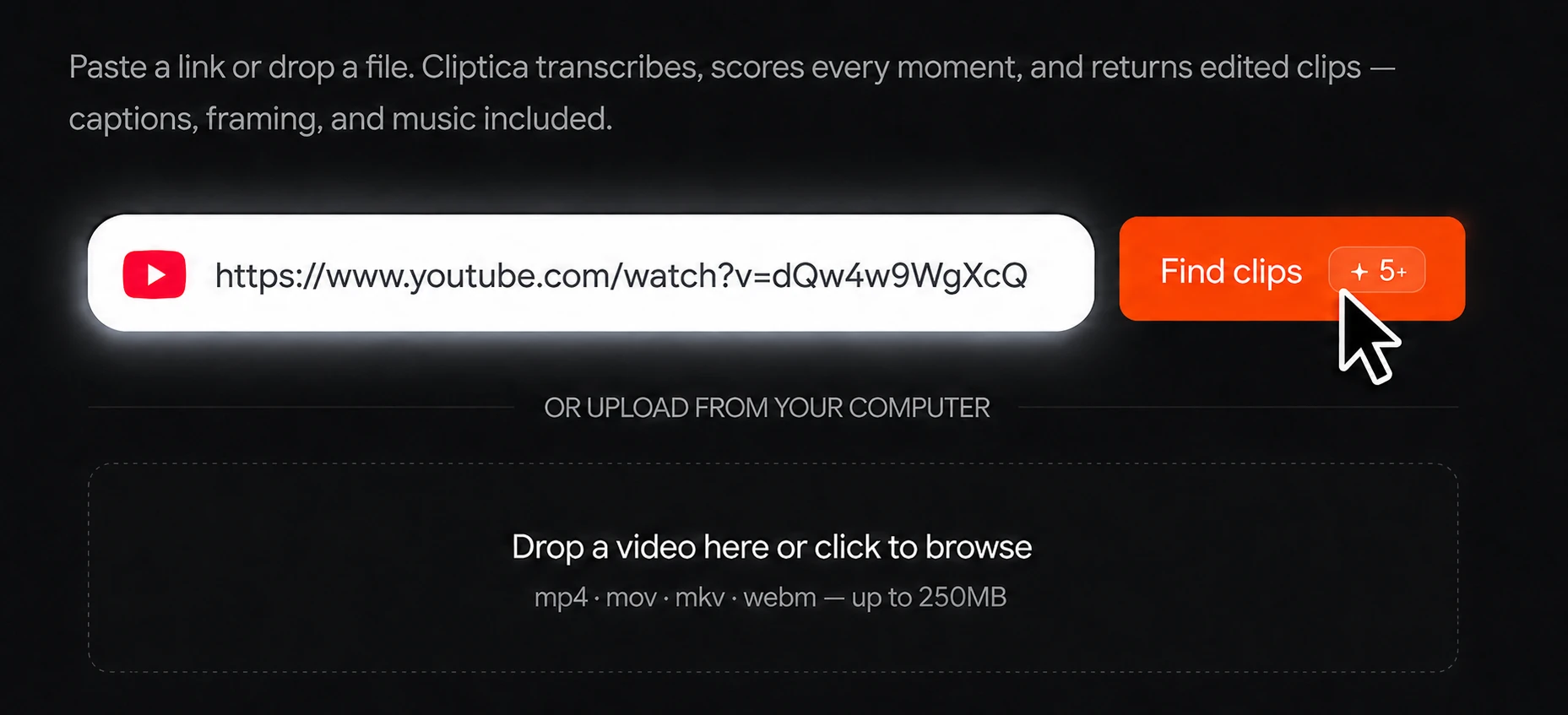 Cliptica's new-project screen with a pasted YouTube link, a Find clips button, a drag-and-drop upload zone and an optional clipping-instructions field.